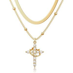 Women  Chain Set, Gold 14K Gold Plated Crown Cross Necklace - Non-Tarnish
